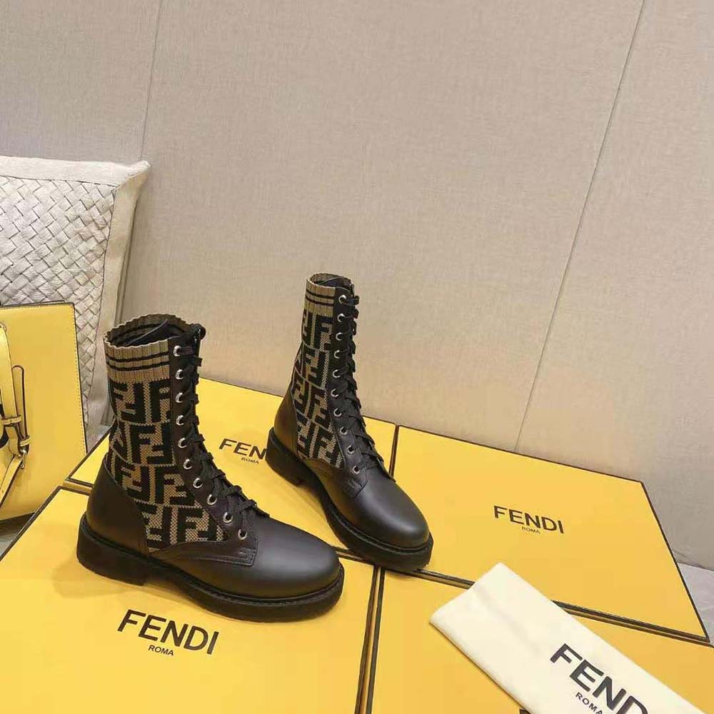 Fendi Women Rockoko Black/Brown Leather Biker Boots with Stretch Fabric - image 2