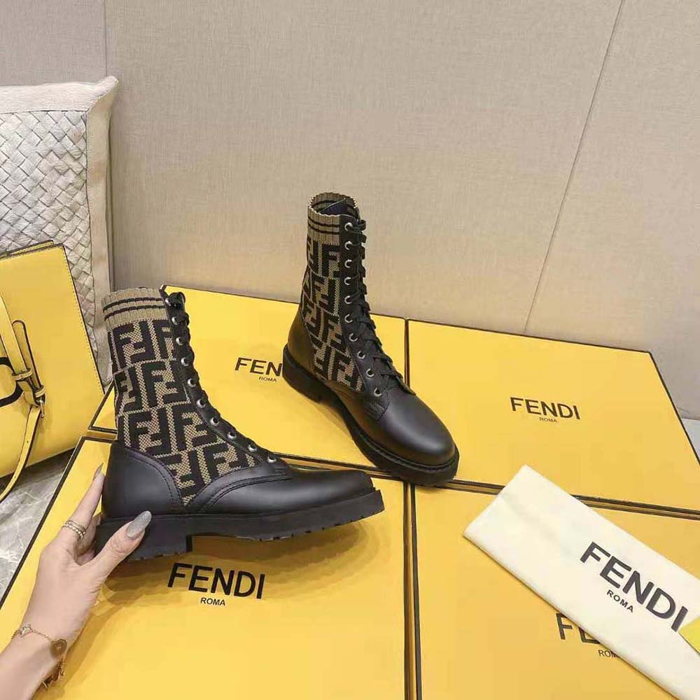 Fendi Women Rockoko Black/Brown Leather Biker Boots with Stretch Fabric - image 3