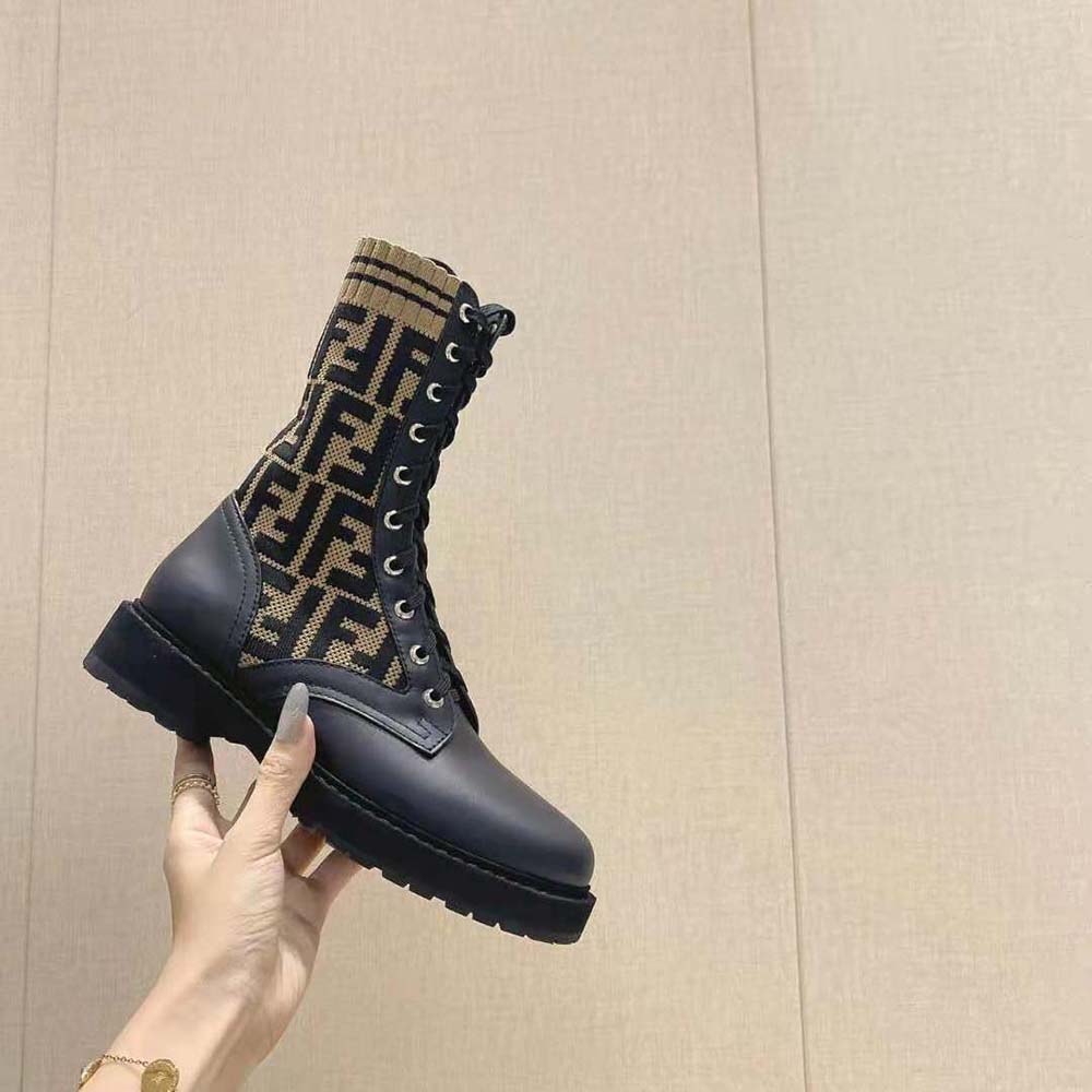 Fendi Women Rockoko Black/Brown Leather Biker Boots with Stretch Fabric - image 7