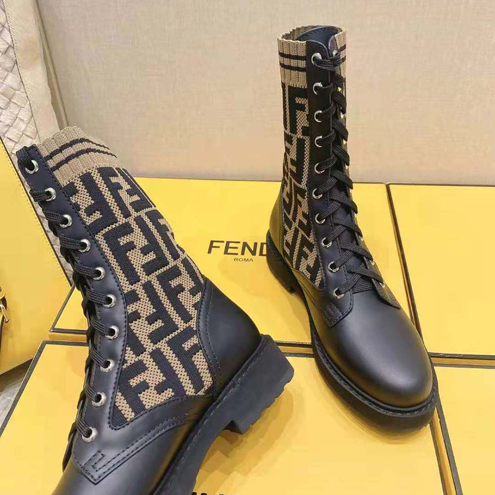 Fendi Women Rockoko Black/Brown Leather Biker Boots with Stretch Fabric - image 6