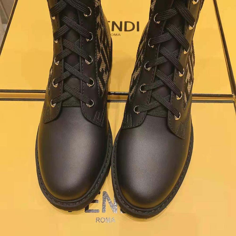 Fendi Women Rockoko Black/Brown Leather Biker Boots with Stretch Fabric - image 9