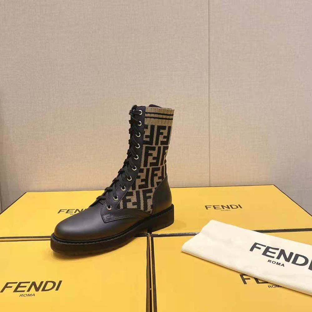 Fendi Women Rockoko Black/Brown Leather Biker Boots with Stretch Fabric - image 8