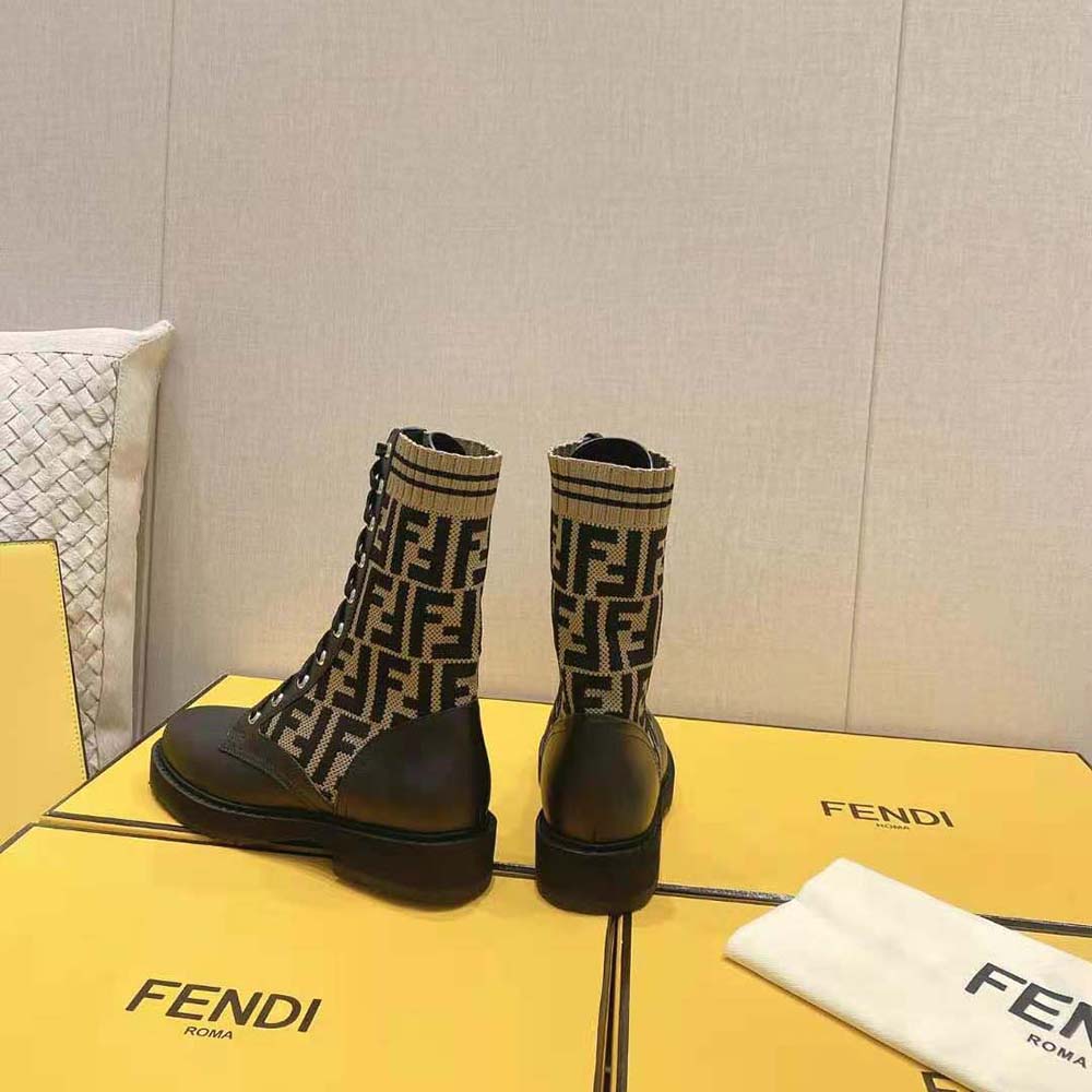 Fendi Women Rockoko Black/Brown Leather Biker Boots with Stretch Fabric - image 5