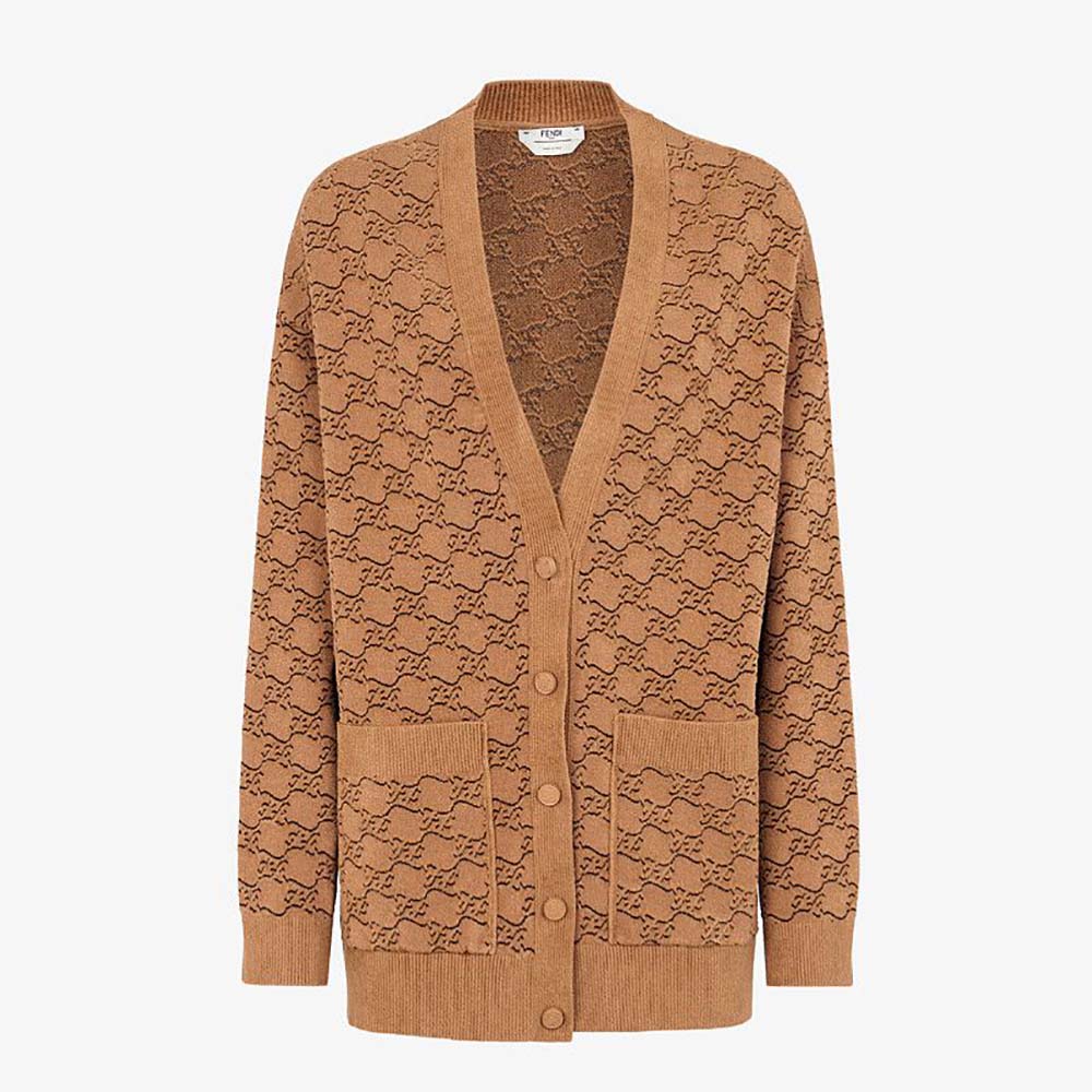 Fendi Women Sweater Beige Velvet and Viscose Cardigan with V-neck and Low-Cut Set-in Sleeves - image 1