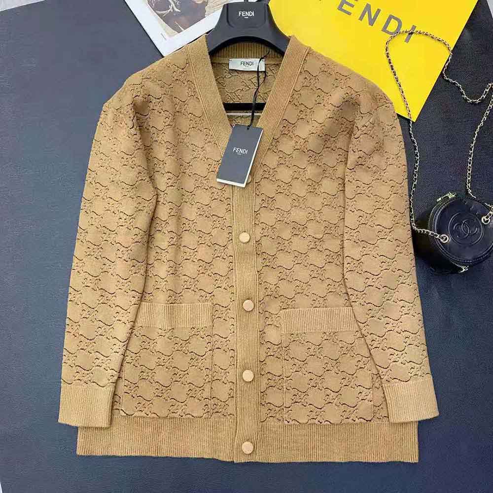 Fendi Women Sweater Beige Velvet and Viscose Cardigan with V-neck and Low-Cut Set-in Sleeves - image 2