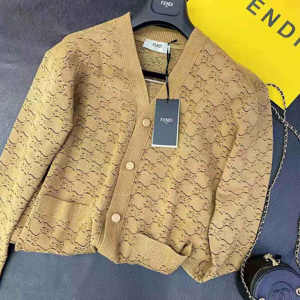 Fendi Women Sweater Beige Velvet and Viscose Cardigan with V-neck and Low-Cut Set-in Sleeves - image 4