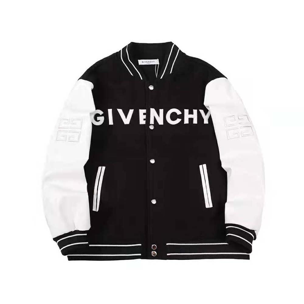 Close-up detail of leather sleeve and wool body on Givenchy Women Bomber