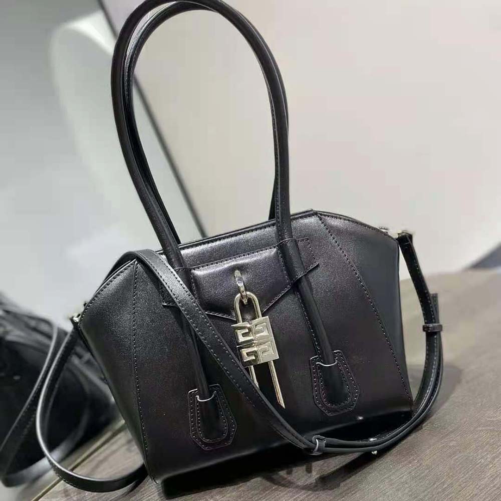 Close-up of lock hardware on Givenchy Women Mini Antigona Lock Bag in Box Leather-Black
