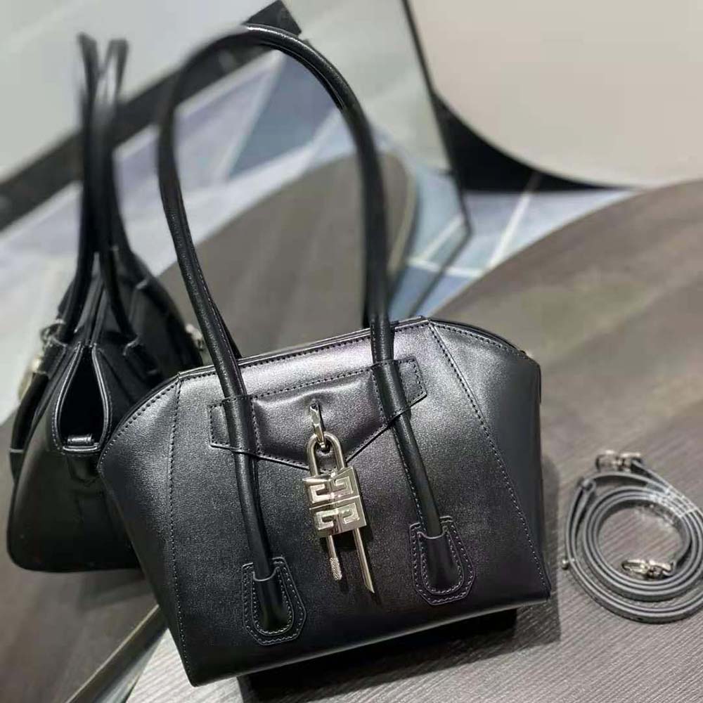 Side angle showing silhouette of Givenchy Women Mini Antigona Lock Bag in Box Leather-Black
