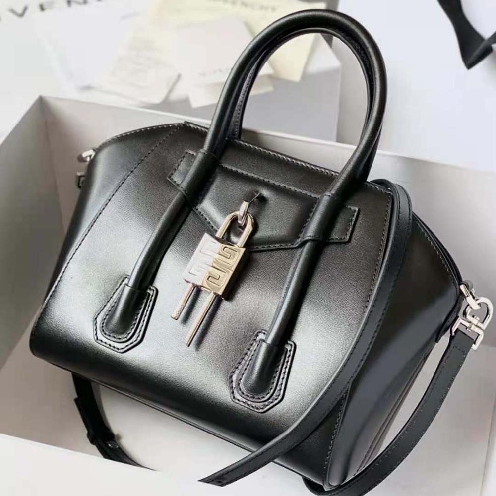 Close-up of silver lock detail on Givenchy Women Mini Antigona Lock Bag