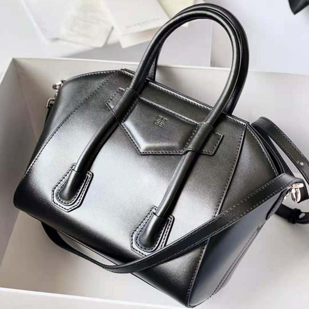 Side angle showing structured silhouette of Givenchy Women Mini Antigona Lock Bag