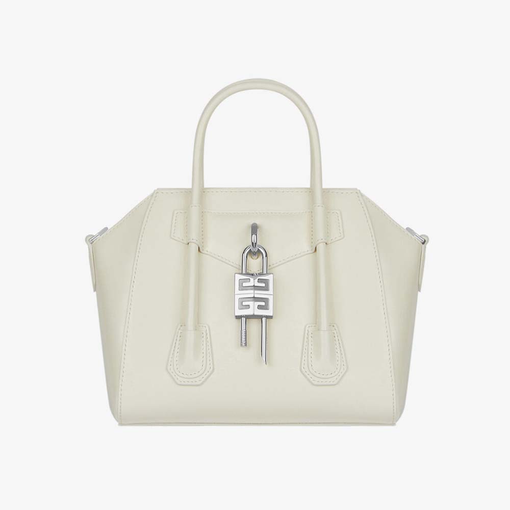 Front angle view of Givenchy Women Mini Antigona Lock Bag in Box Leather-White