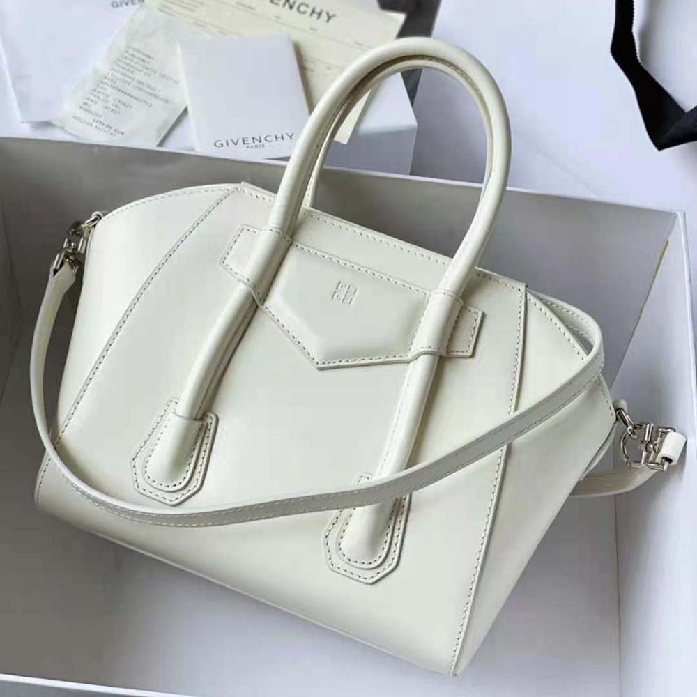 Side profile showing structured silhouette of Givenchy Women Mini Antigona Lock Bag in Box Leather-White
