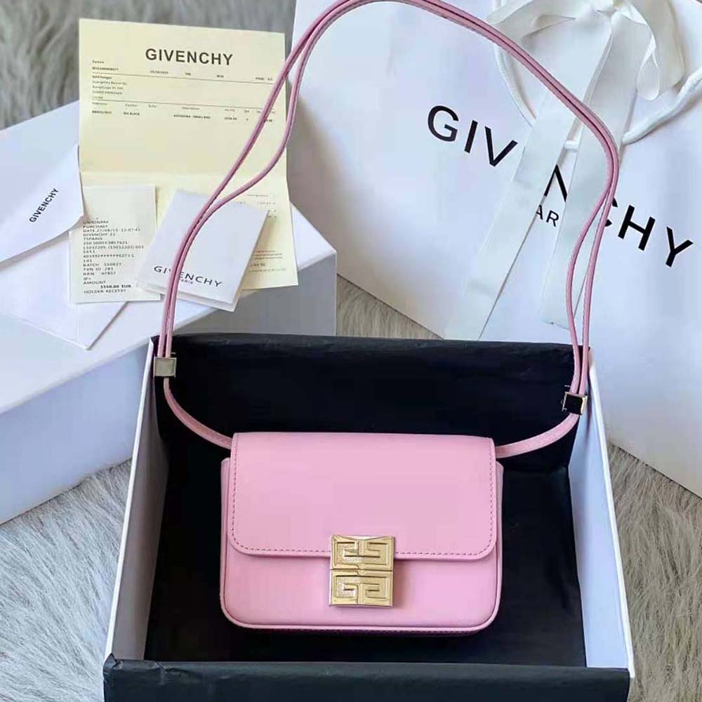 Side profile highlighting pink box leather texture on Givenchy Women Small 4g Bag