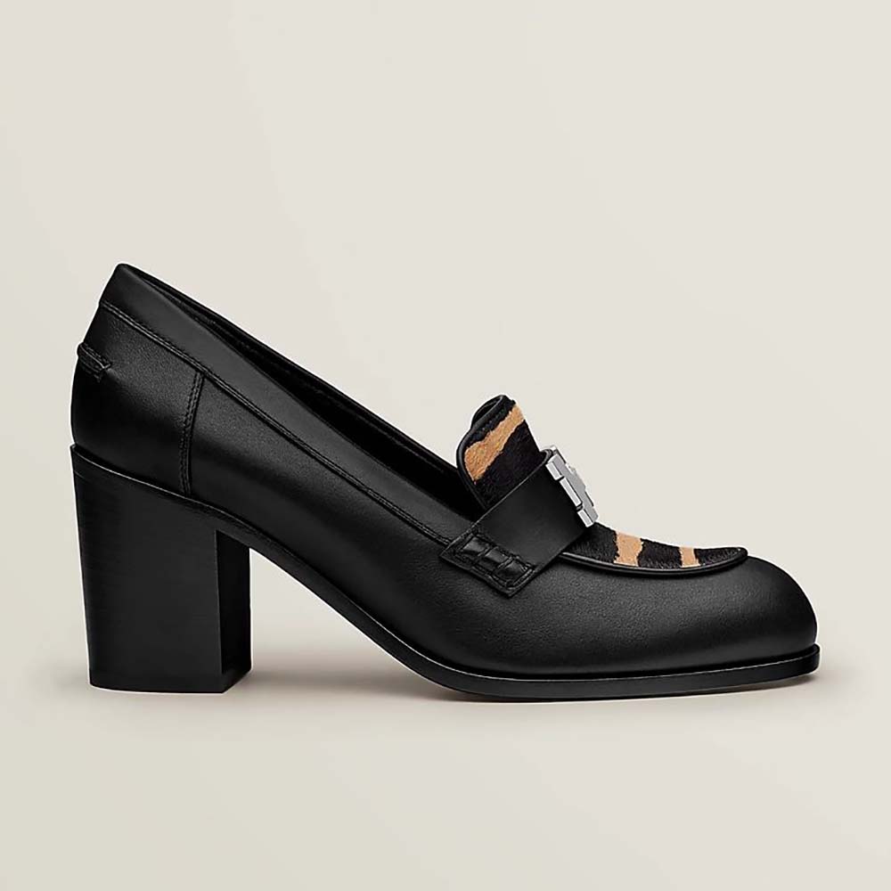 Front angle view of Hermes Women Dauphine 70 Loafer High Heel Loafer in Calfskin-Black