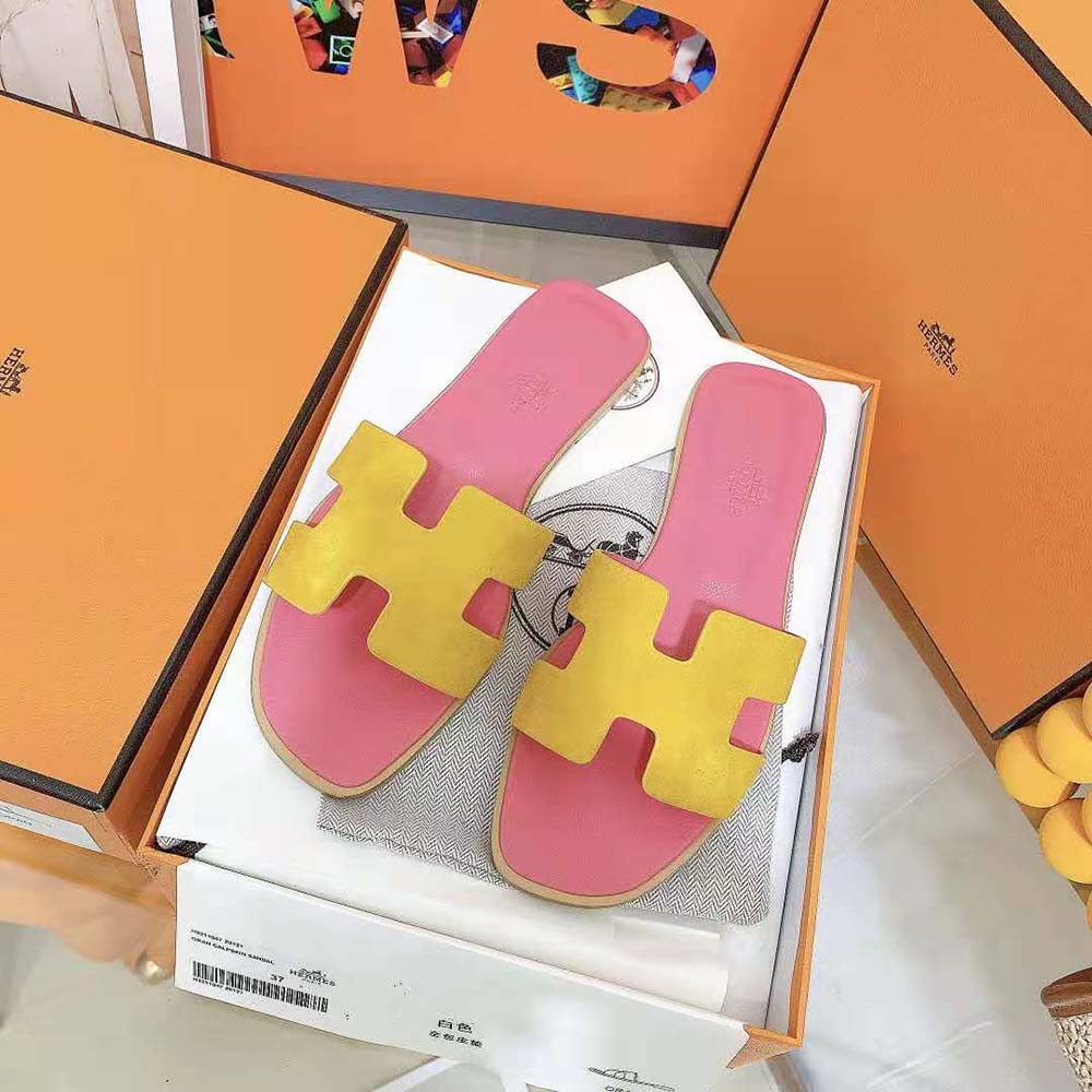 Hermes Women Oran Sandal in Suede Goatskin with Straight Cut Edges-Pink - image 5