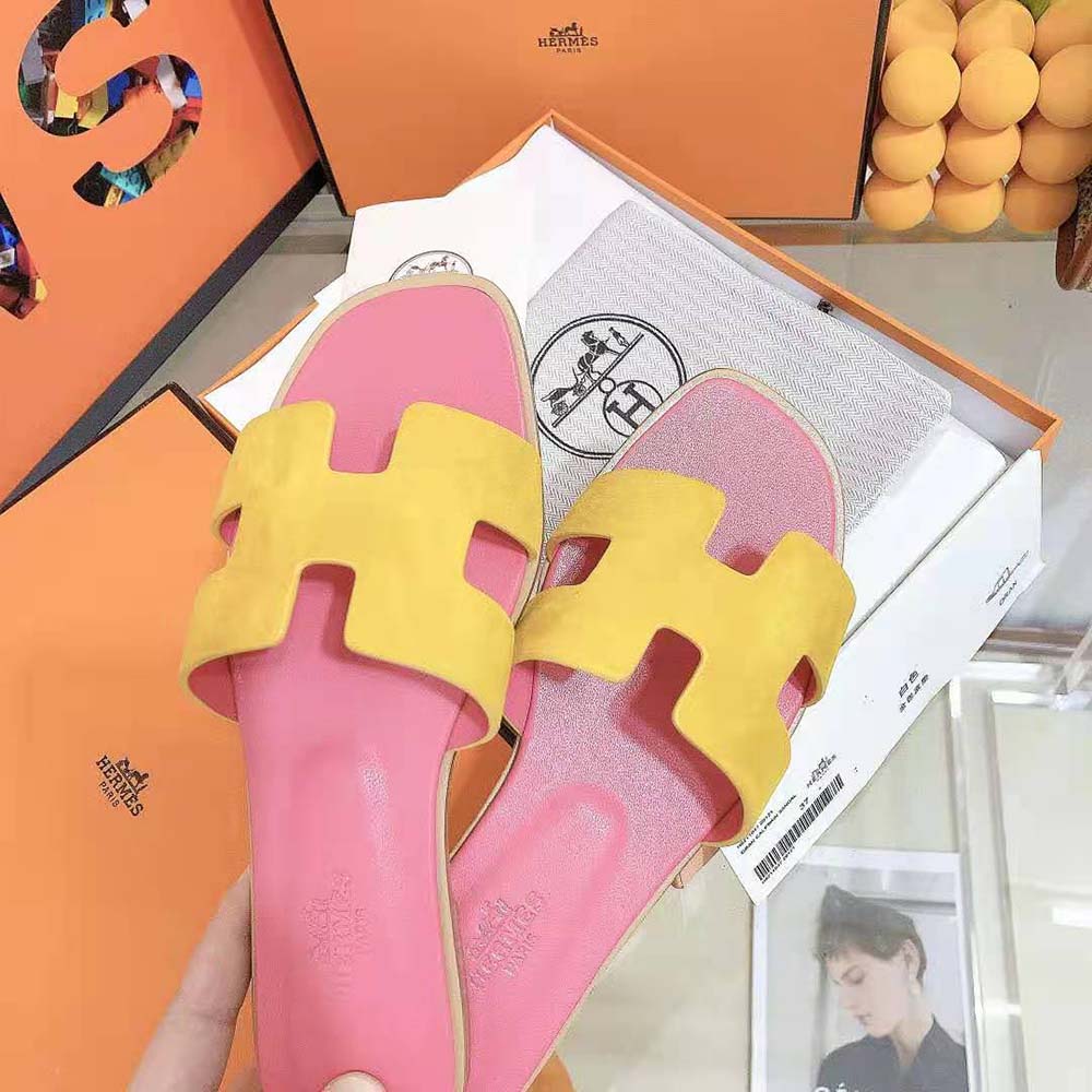 Hermes Women Oran Sandal in Suede Goatskin with Straight Cut Edges-Pink - image 8