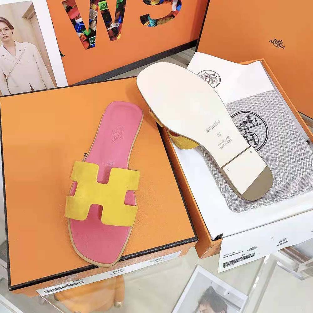 Hermes Women Oran Sandal in Suede Goatskin with Straight Cut Edges-Pink - image 6
