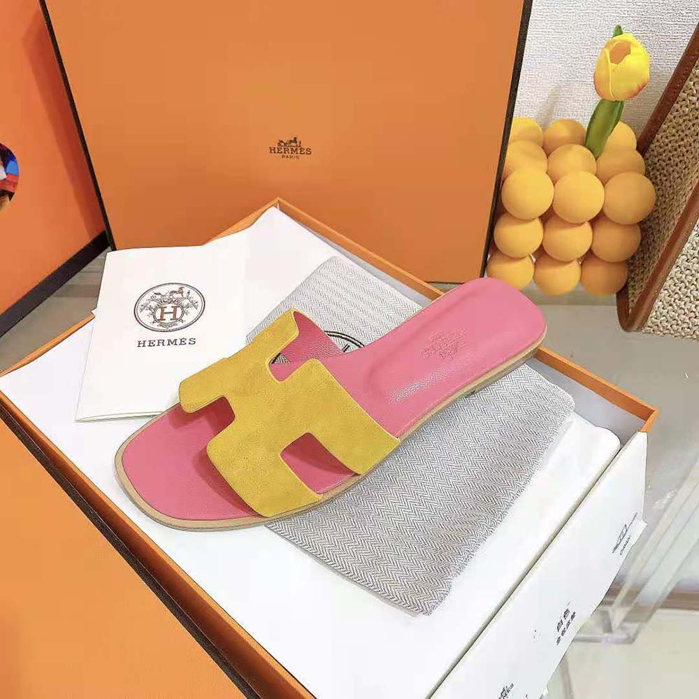 Hermes Women Oran Sandal in Suede Goatskin with Straight Cut Edges-Pink - image 7