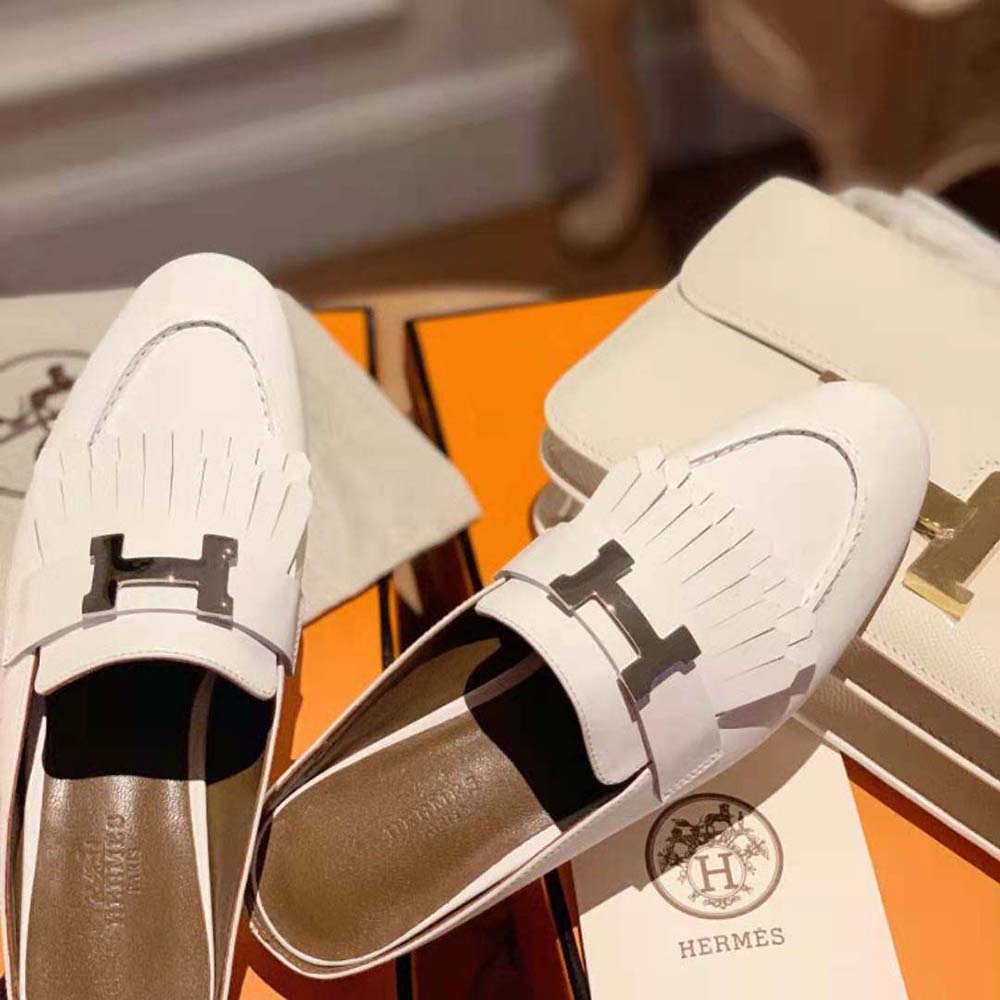 Hermes Women Rivoli Mule Mule in Calfskin with Fringe Detail-White - image 5