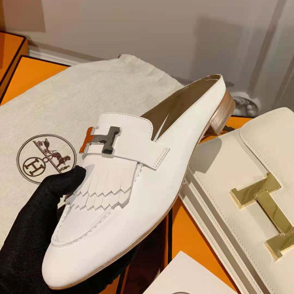 Hermes Women Rivoli Mule Mule in Calfskin with Fringe Detail-White - image 9