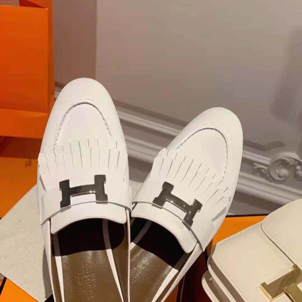 Hermes Women Rivoli Mule Mule in Calfskin with Fringe Detail-White - image 6