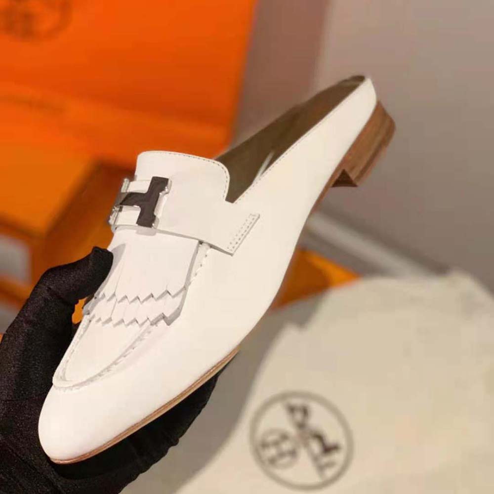 Hermes Women Rivoli Mule Mule in Calfskin with Fringe Detail-White - image 8