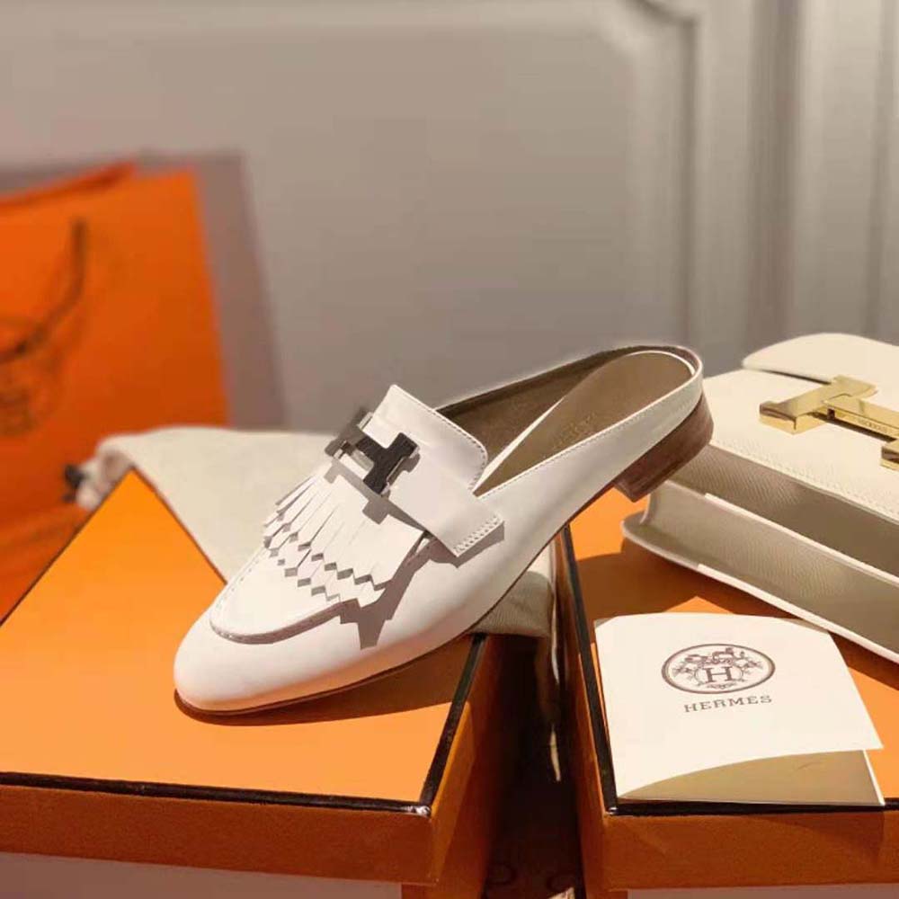 Hermes Women Rivoli Mule Mule in Calfskin with Fringe Detail-White - image 7