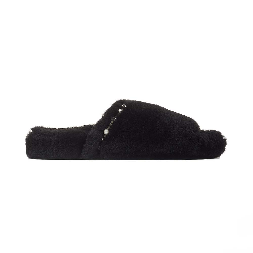 Front angle of Jimmy Choo Women Acinda Slipper Black Shearling Slippers