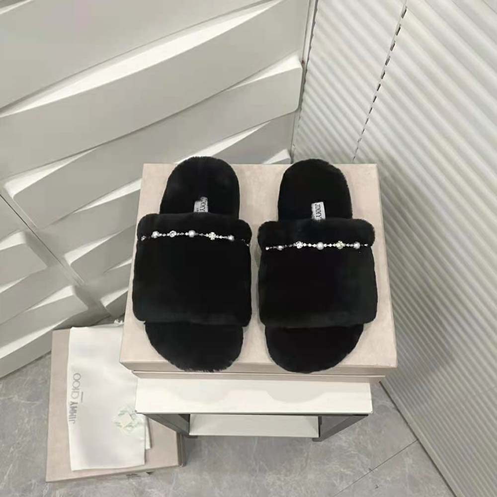 Jimmy Choo Women Acinda Slipper Black Shearling Slippers with Crystal and Pearl Detailing - image 4