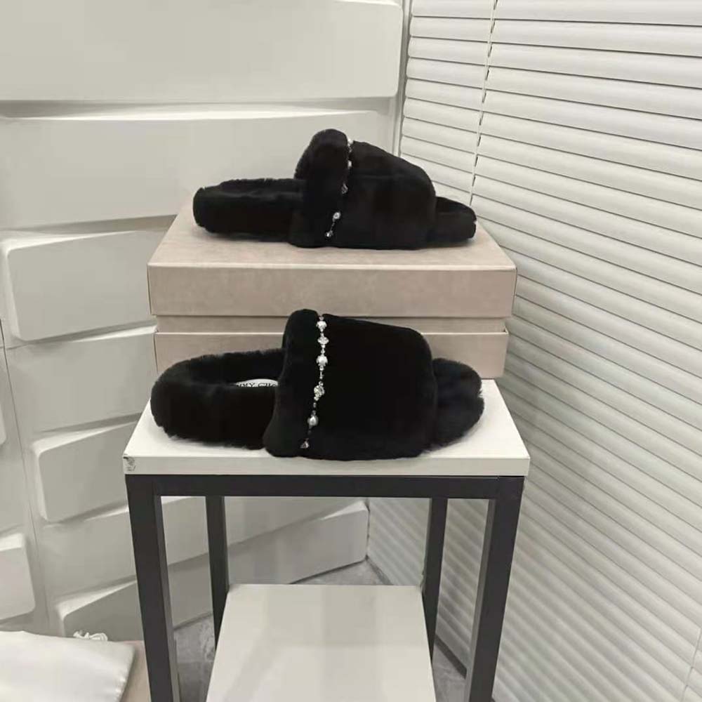 Jimmy Choo Women Acinda Slipper Black Shearling Slippers with Crystal and Pearl Detailing - image 7
