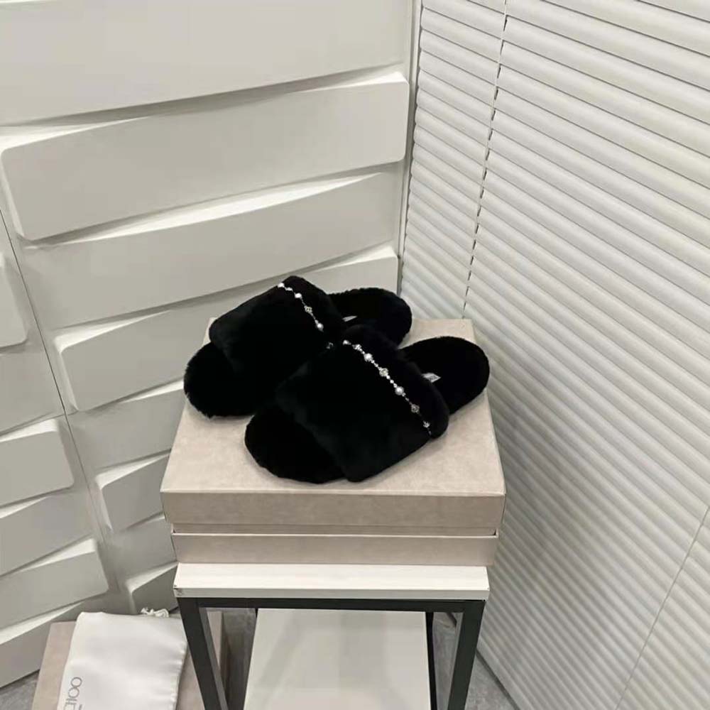 Jimmy Choo Women Acinda Slipper Black Shearling Slippers with Crystal and Pearl Detailing - image 5