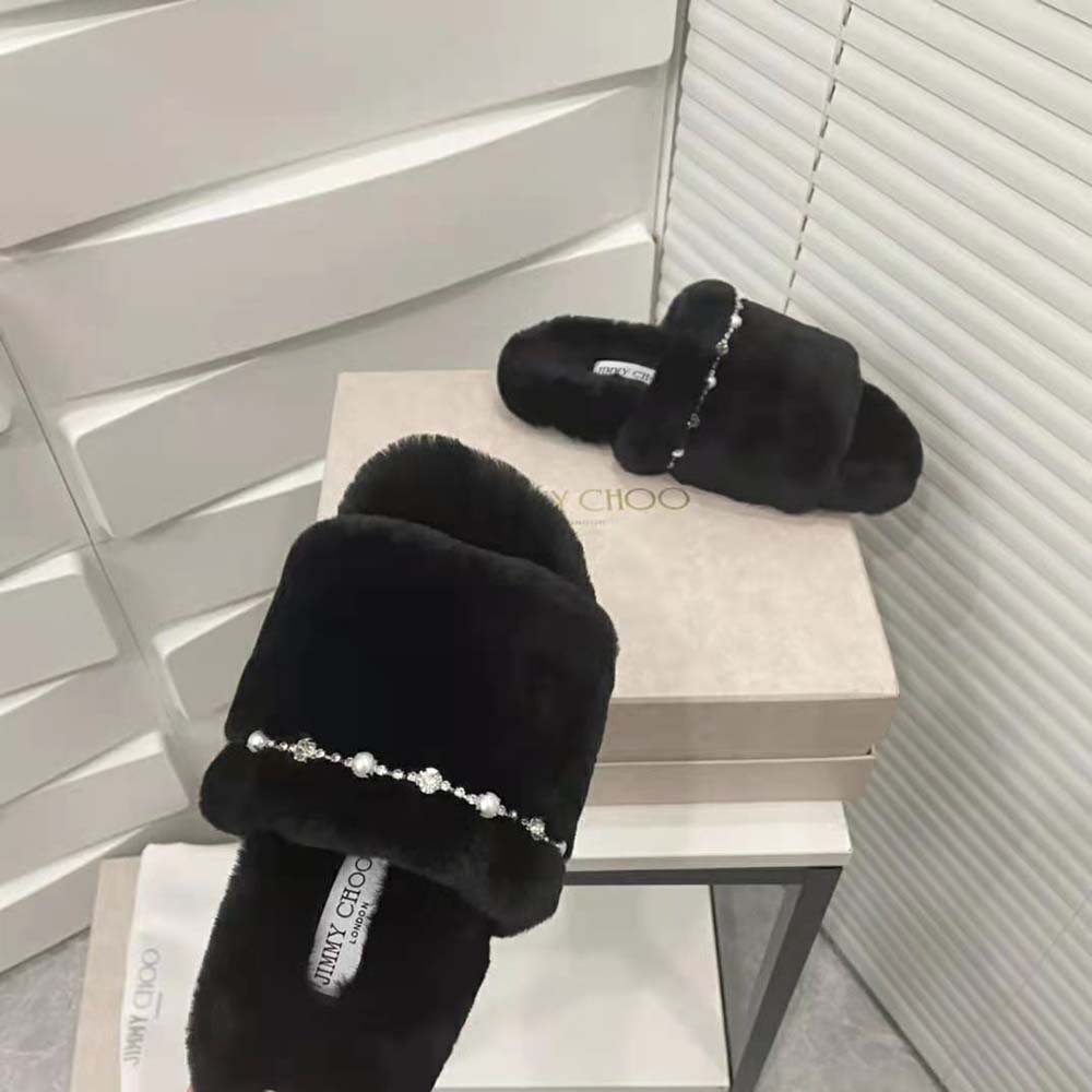 Jimmy Choo Women Acinda Slipper Black Shearling Slippers with Crystal and Pearl Detailing - image 8