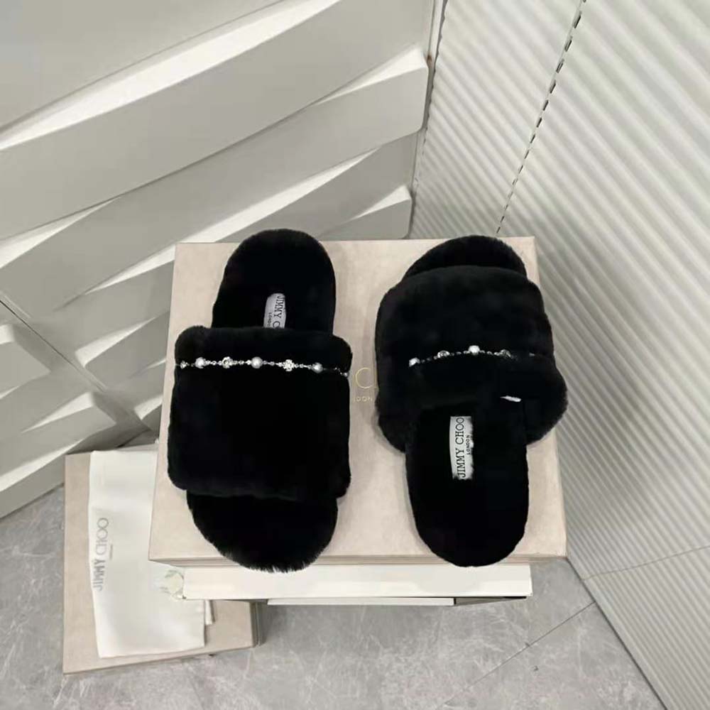 Jimmy Choo Women Acinda Slipper Black Shearling Slippers with Crystal and Pearl Detailing - image 6