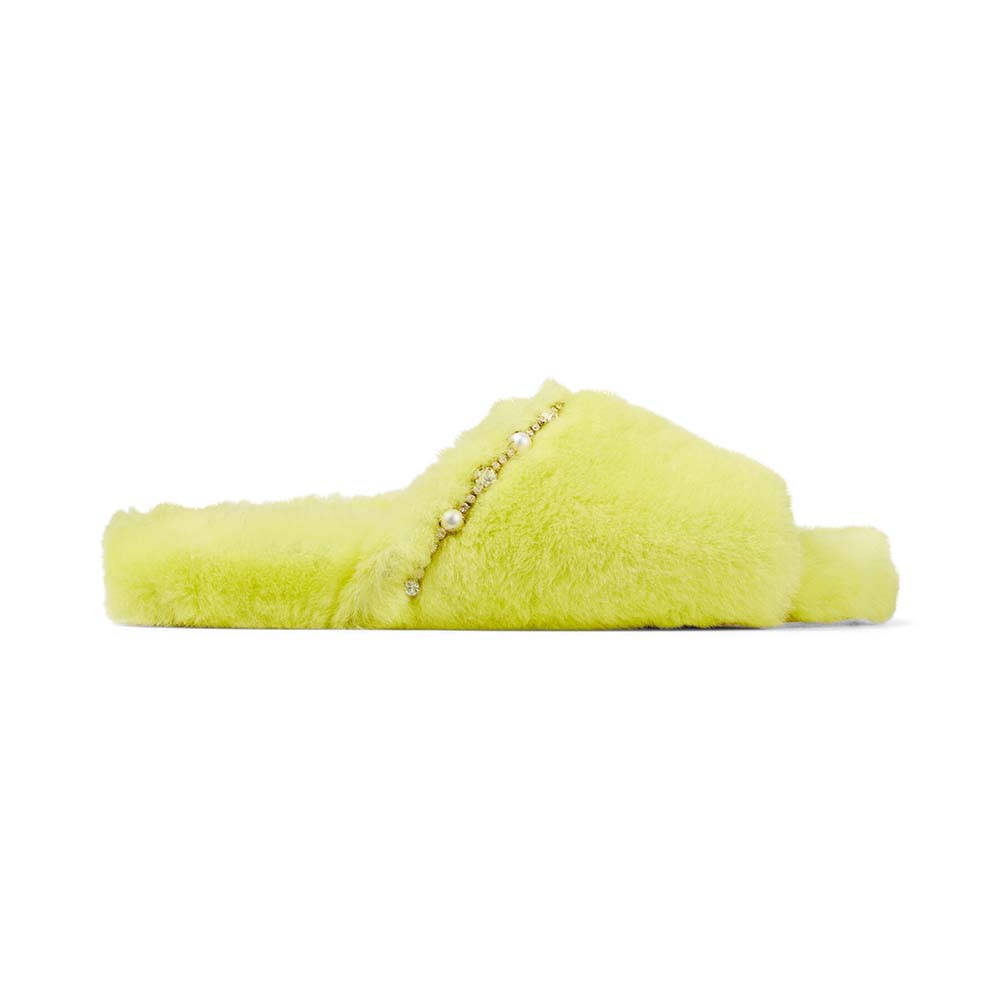 Front view of Jimmy Choo Women Acinda Slipper Lime Shearling Slippers with crystal detail