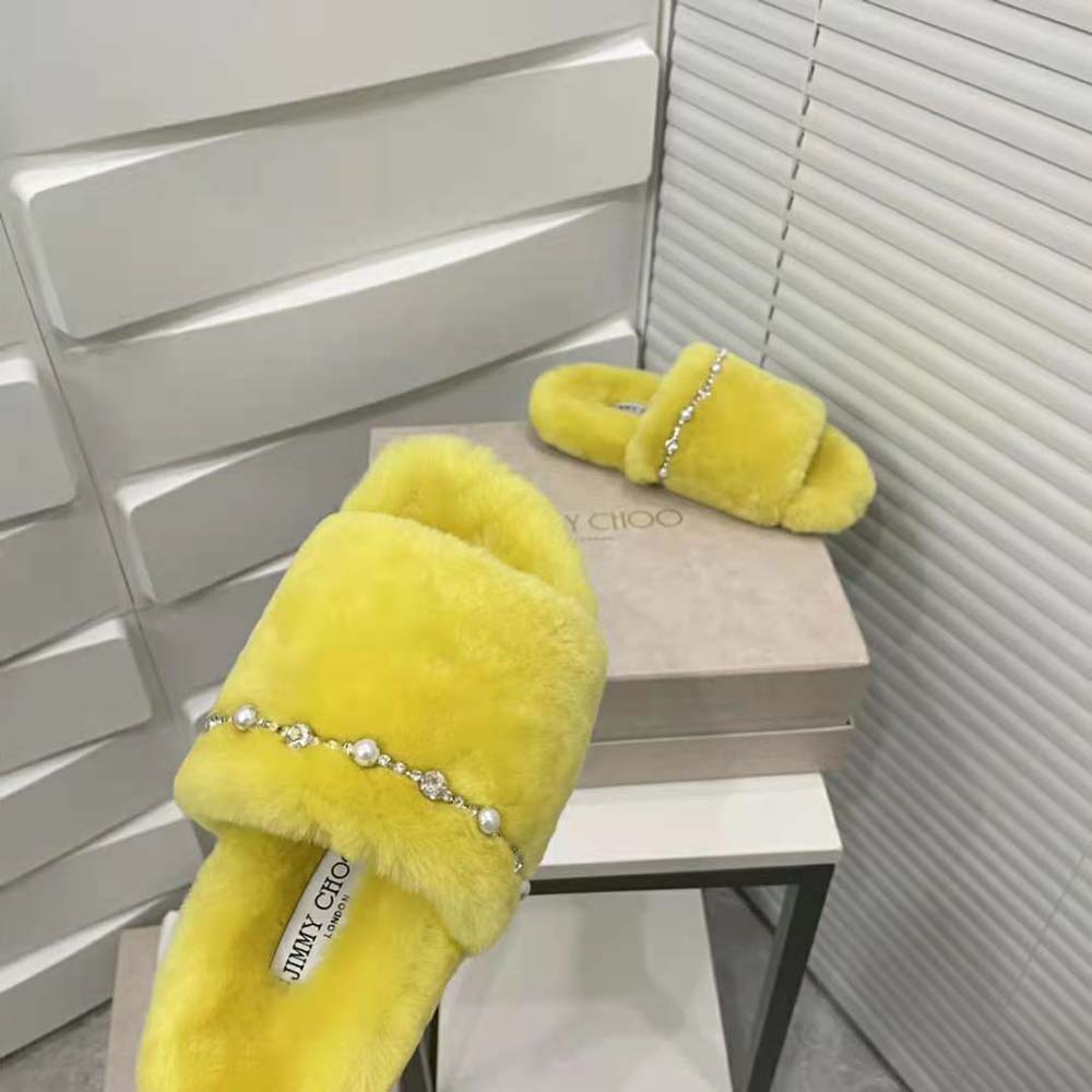 Jimmy Choo Women Acinda Slipper Lime Shearling Slippers with Crystal and Pearl Detailing - image 10