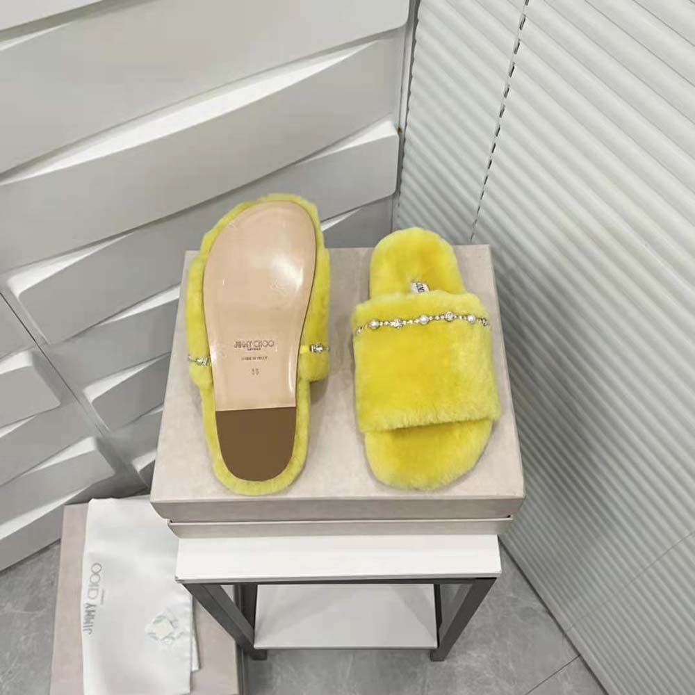 Jimmy Choo Women Acinda Slipper Lime Shearling Slippers with Crystal and Pearl Detailing - image 9