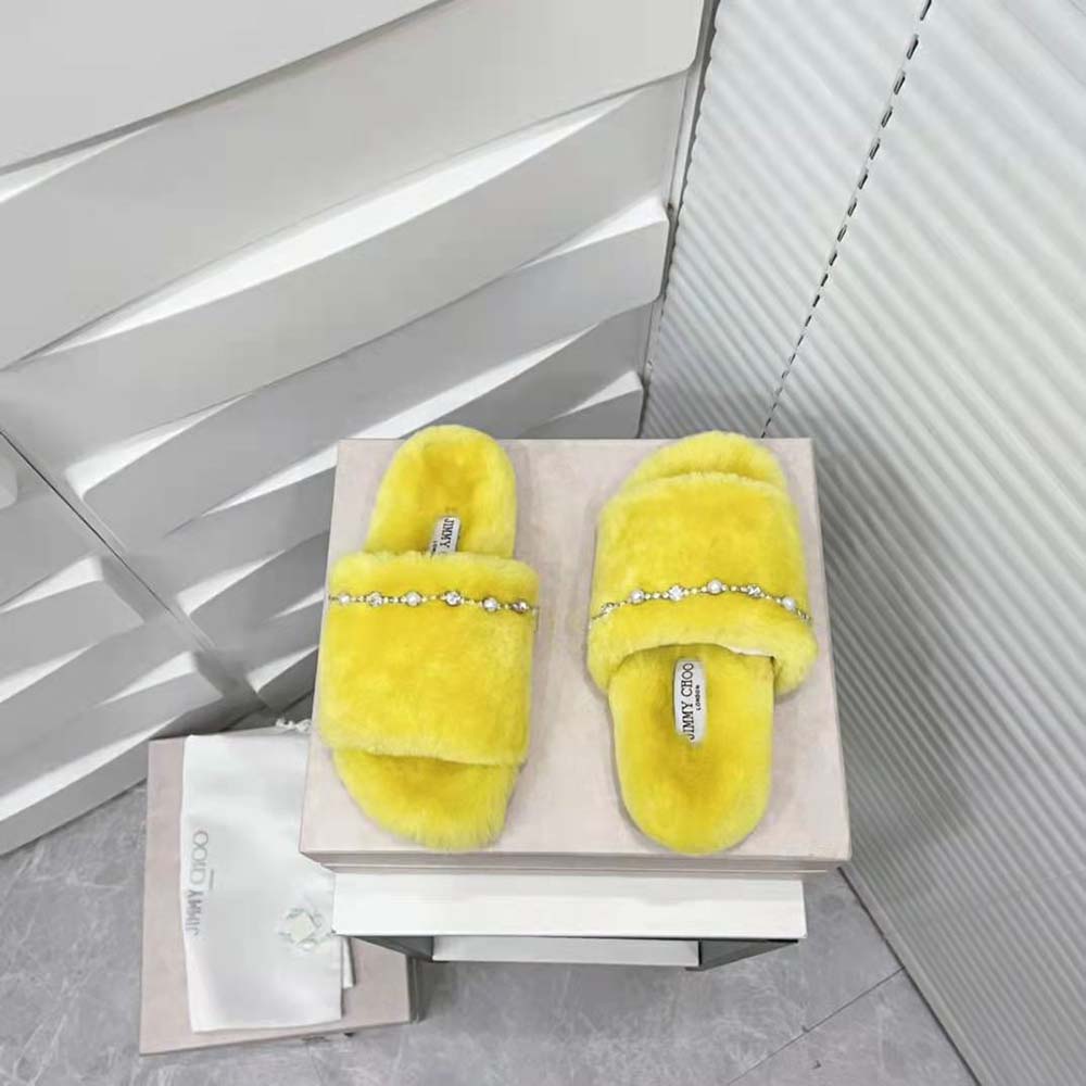 Jimmy Choo Women Acinda Slipper Lime Shearling Slippers with Crystal and Pearl Detailing - image 6