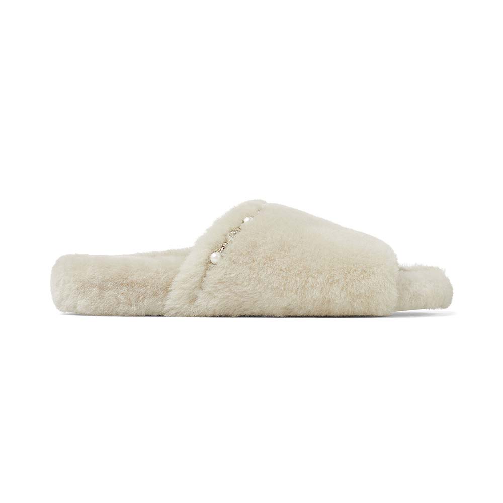 Front angle view of Jimmy Choo Women Acinda Slipper Natural Shearling Slippers