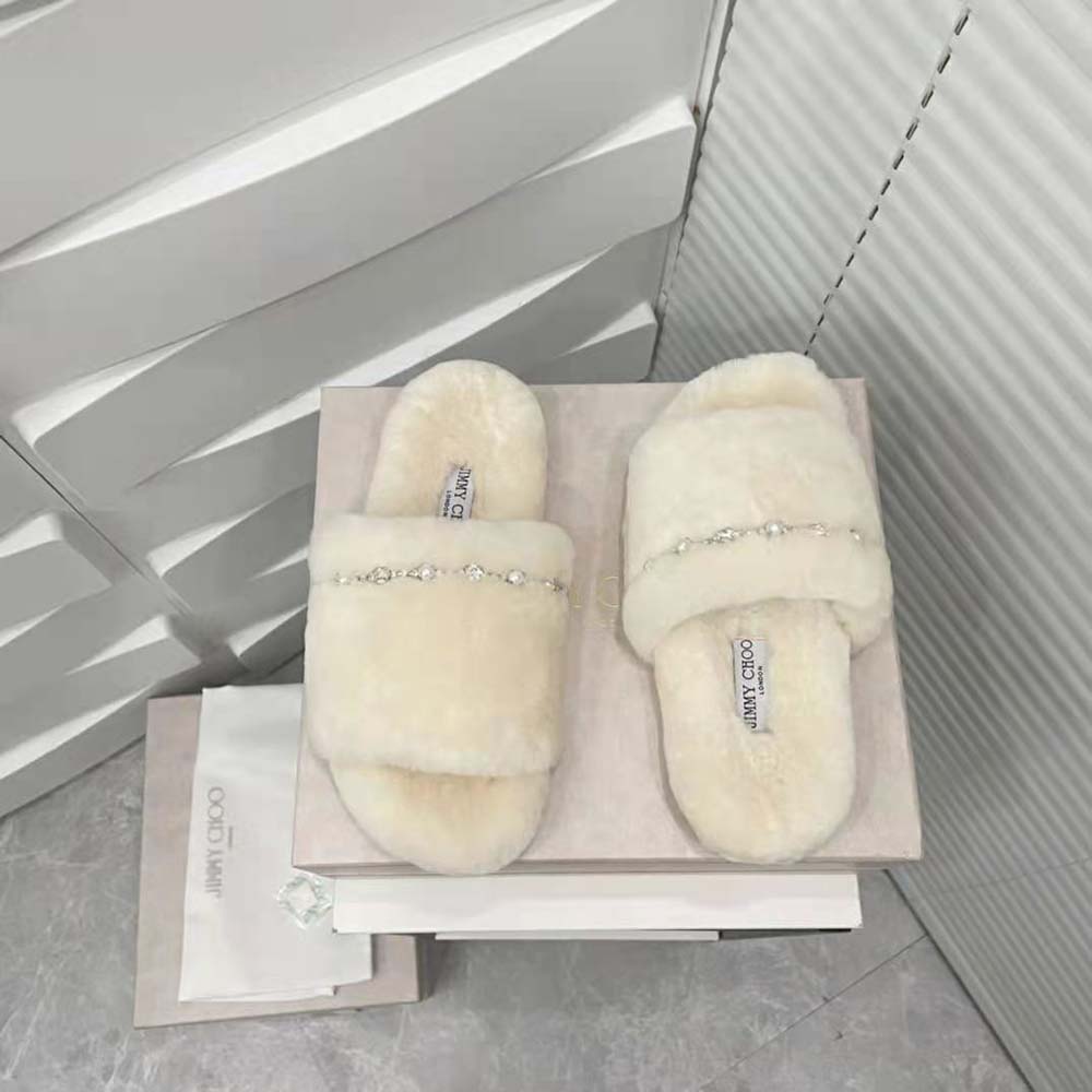 Jimmy Choo Women Acinda Slipper Natural Shearling Slippers with Crystal and Pearl Detailing - image 6