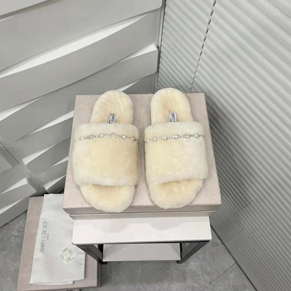 Jimmy Choo Women Acinda Slipper Natural Shearling Slippers with Crystal and Pearl Detailing - image 4