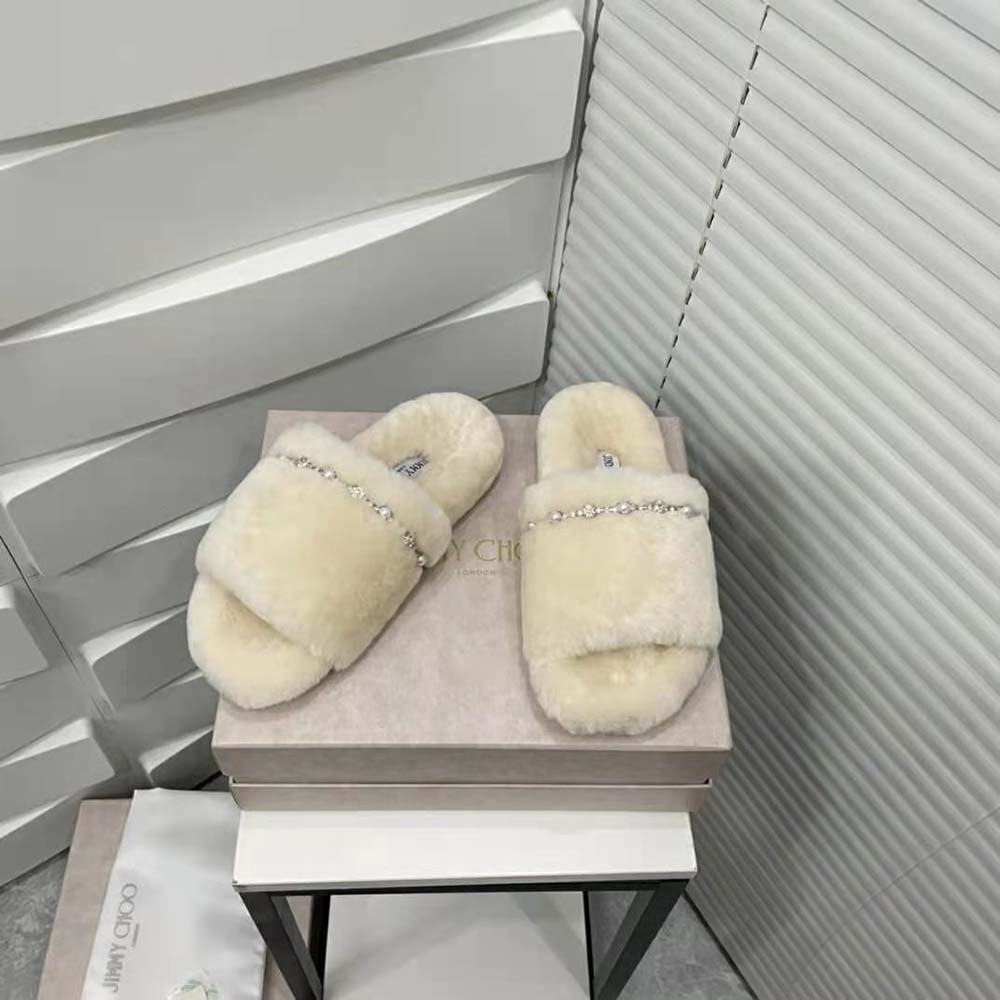 Jimmy Choo Women Acinda Slipper Natural Shearling Slippers with Crystal and Pearl Detailing - image 5