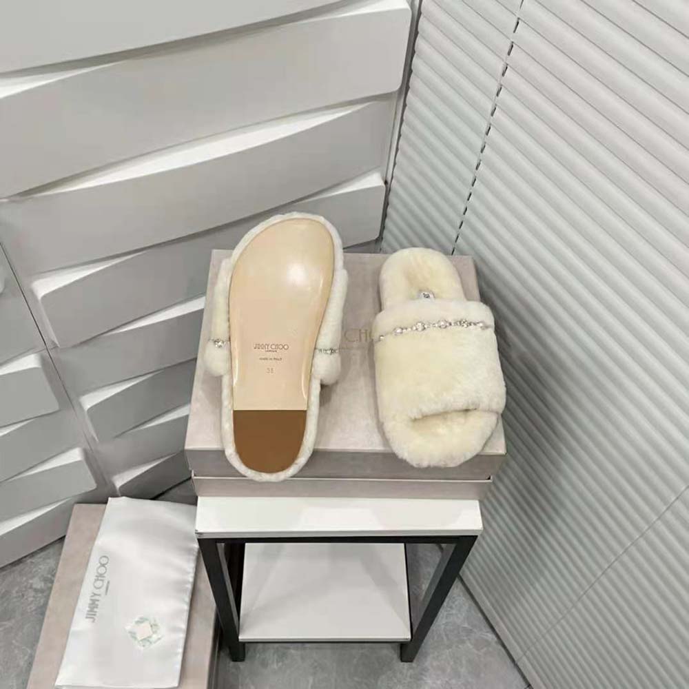 Jimmy Choo Women Acinda Slipper Natural Shearling Slippers with Crystal and Pearl Detailing - image 8