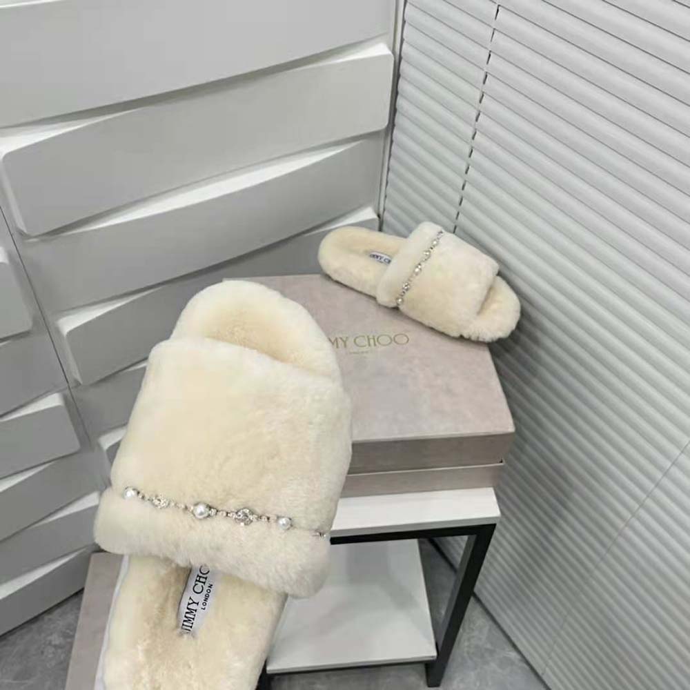 Jimmy Choo Women Acinda Slipper Natural Shearling Slippers with Crystal and Pearl Detailing - image 9