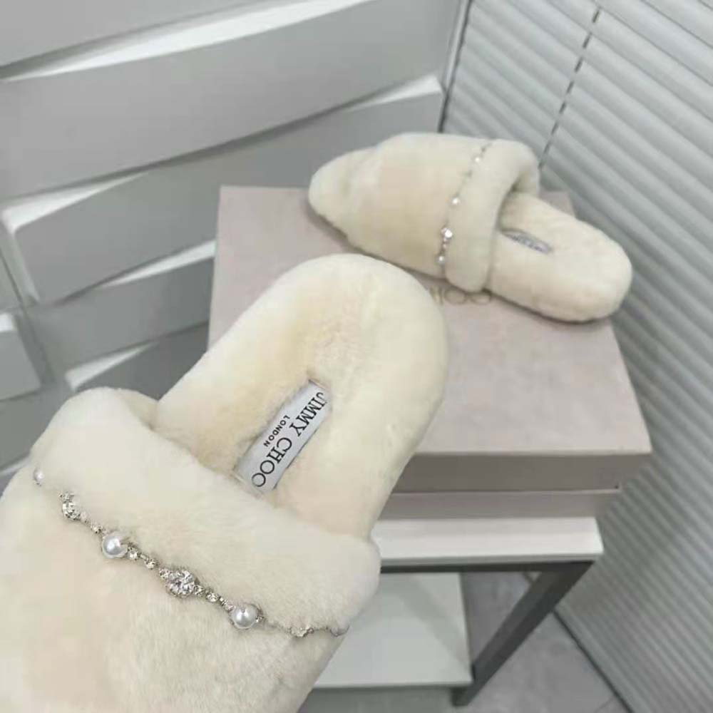 Jimmy Choo Women Acinda Slipper Natural Shearling Slippers with Crystal and Pearl Detailing - image 10