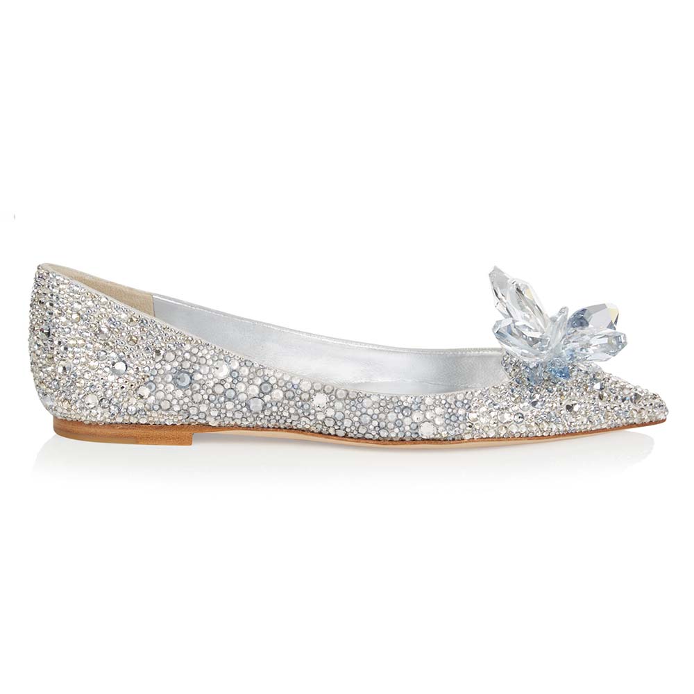 Side angle of Jimmy Choo Women Attila Crystal Covered Pointy Toe Flats in silver