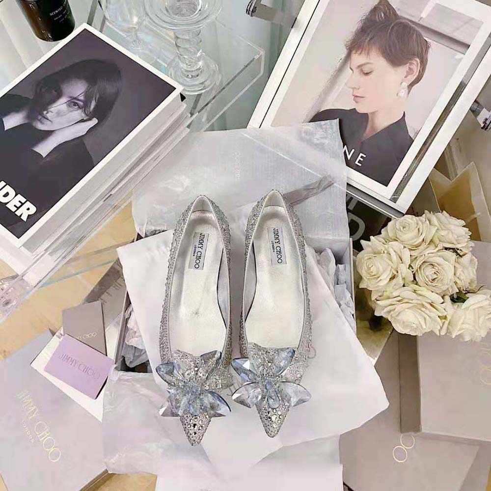 Close-up of silver crystal embellishments on Jimmy Choo Women Attila flats