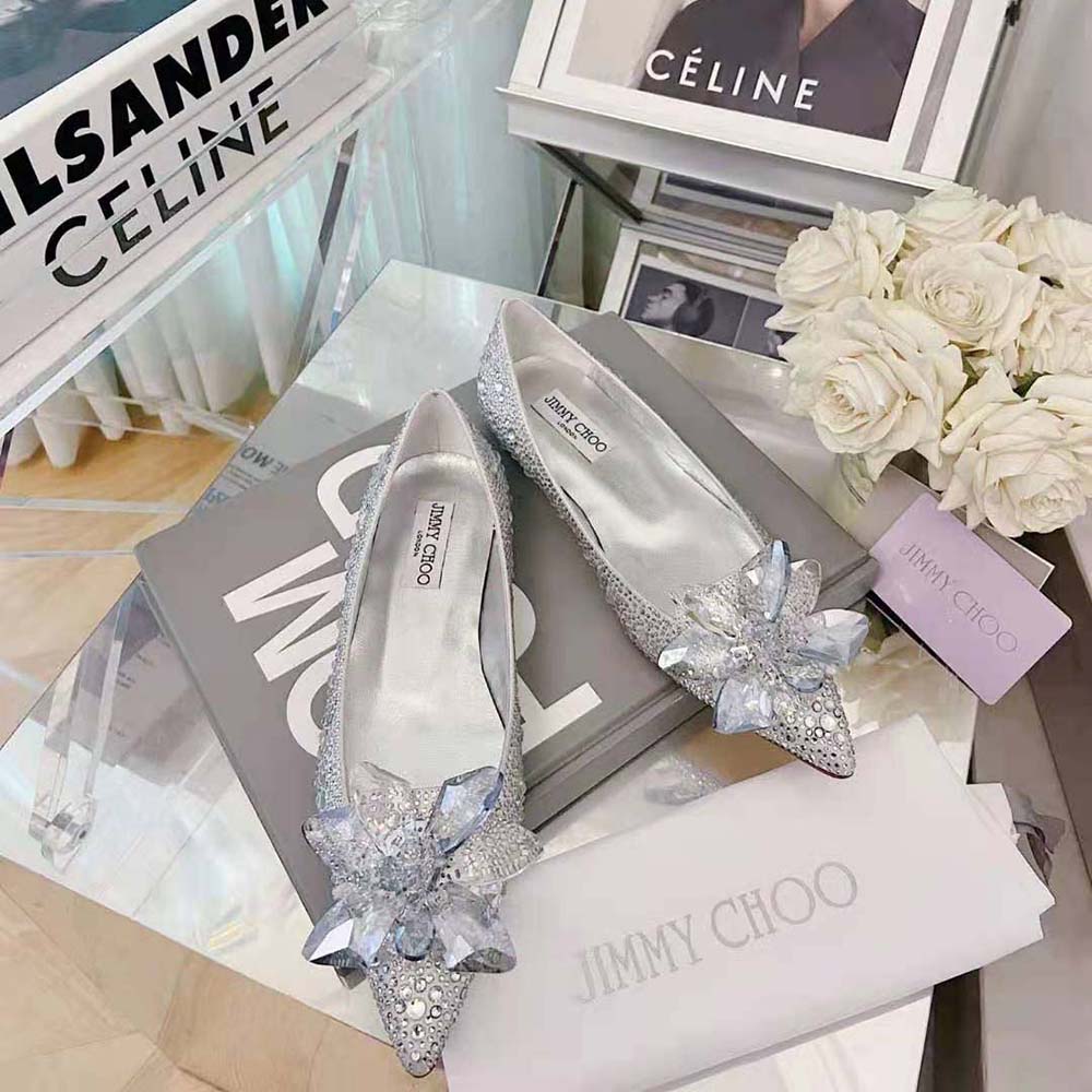 Overhead view of Jimmy Choo Women Attila Crystal Covered Pointy Toe Flats