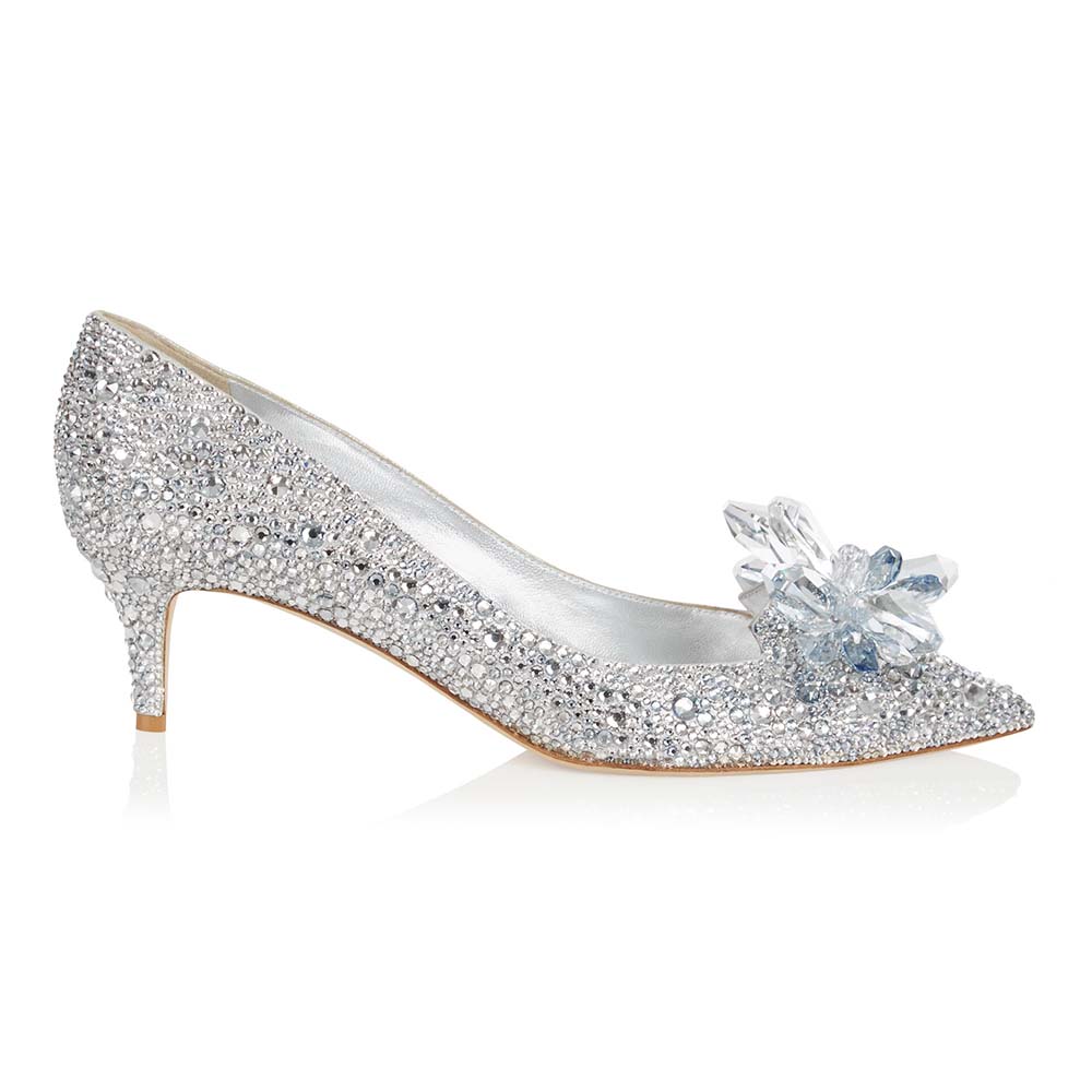 Side angle of Jimmy Choo Women Attila Crystal Covered Pointy Toe Pumps in silver
