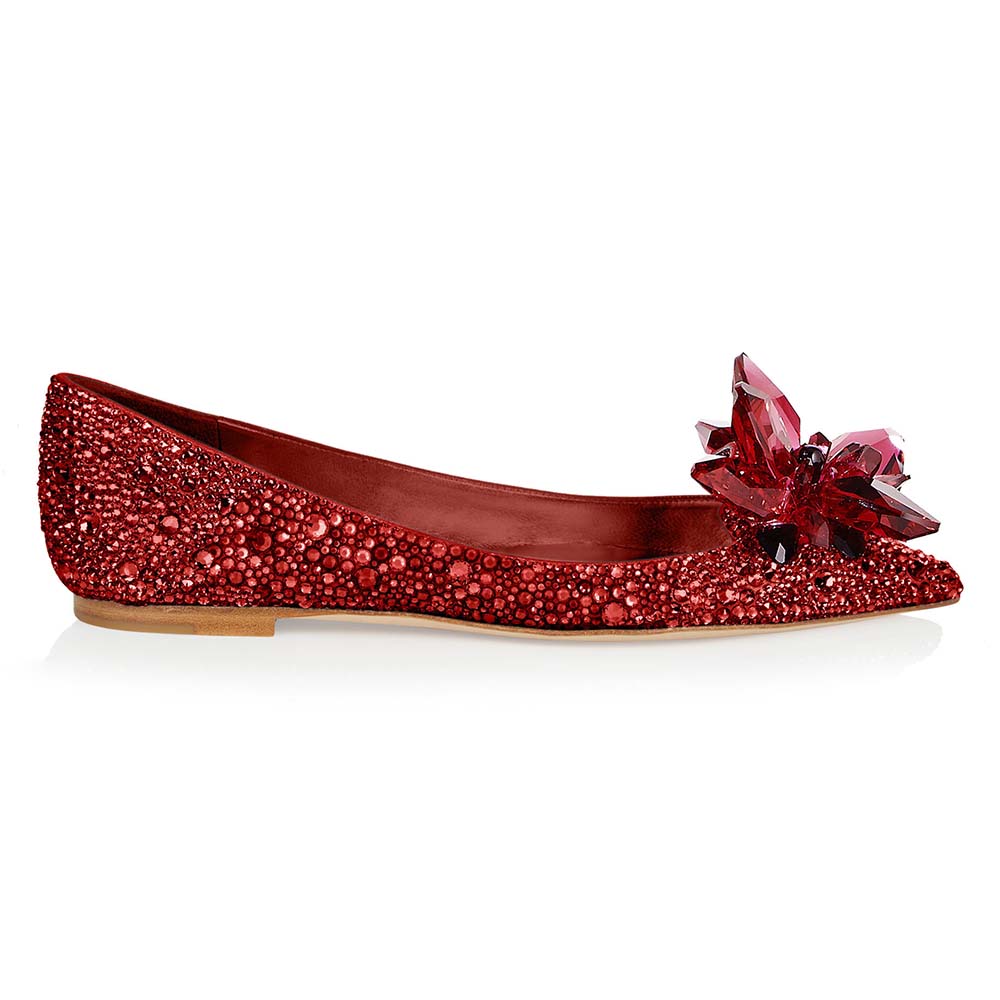 Side view of Jimmy Choo Women Attila Red Crystal Covered Pointy Toe Flats showing crystal detail